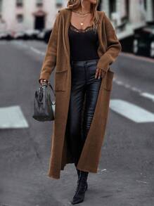 SHEIN LUNE Women's Long Hooded Cardigan With Open Front - Coffee Brown - View 4