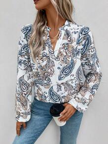 SHEIN LUNE Women's Peacock Feather Printed Notch Neck Lantern Sleeve Blouse - Multicolor - View 1