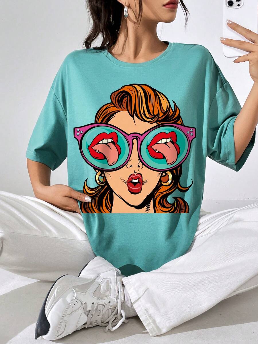 SHEIN EZwear Camiseta Holgada Con Estampado De Personajes Para Mujer - verde menta - Ver 1