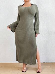 Flirla 大尺碼高開衩羅紋連身裙 - 軍綠色 - 查看 5