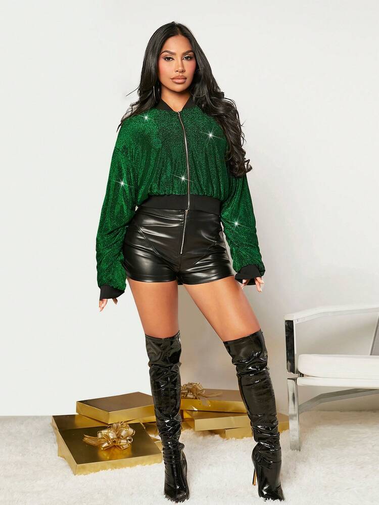 Zip Up Crop Glitter Bomber Jacket Party New Years Eve Party Sexy Club Long Sleeve Jacket