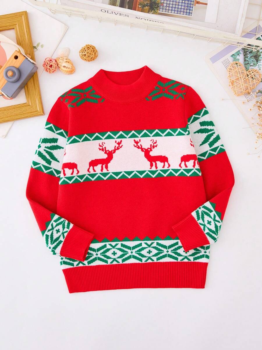 Con trai ( Nhỏ bé ) Giáng sinh Chặn màu Hình Deer Đúng mốt Áo chui đầu Áo len - Đỏ - Xem 1