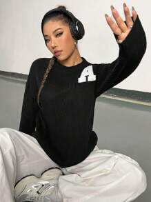 Flirla Letter Patched Drop Shoulder Knit Pullover Fall Winter Sweater - Black - View 4