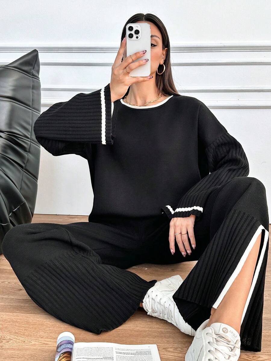 EURMUSE 女士彩色邊緣拼接下垂肩毛衣和針織寬腿褲,側邊開口 - 黑與白 - 查看 1