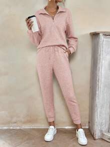 SHEIN LUNE Half Zip Drop Shoulder Sweatshirt & Sweatpants - Dusty Pink - View 4