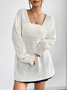 SHEIN Unity Drop Shoulder Pointelle Knit Pullover Fall Winter Sweater - Beige - View 1