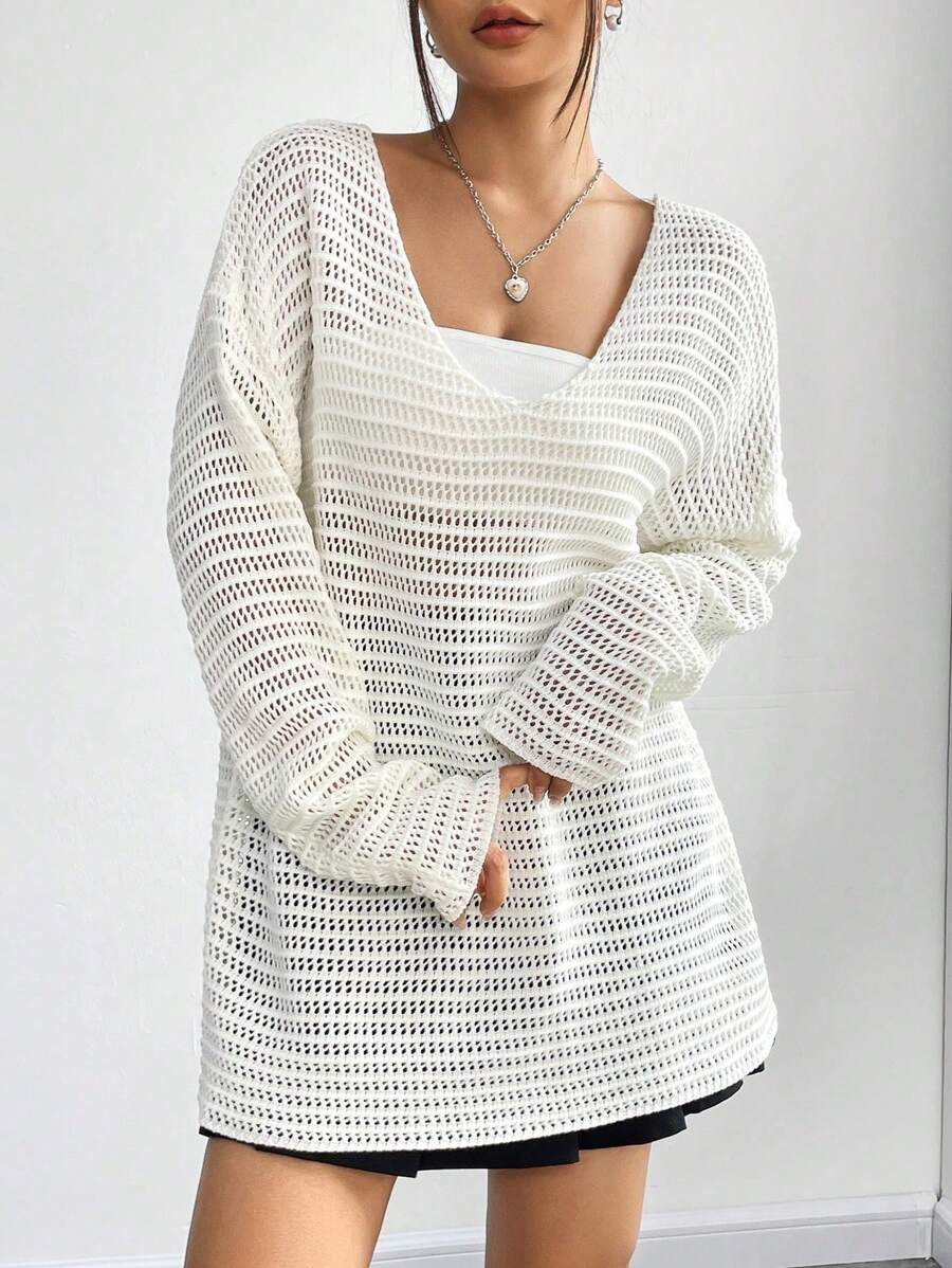 SHEIN Unity Drop Shoulder Pointelle Knit Pullover Fall Winter Sweater - Beige - View 1