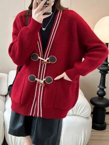 Fashionable V-Neck Cardigan With Sheep Horn Buttons, Spring/Autumn - Red - View 6