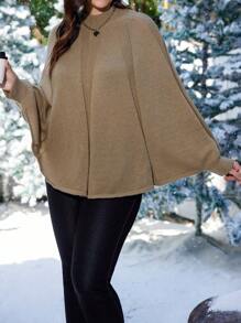 SHEIN Clasi 女士大碼純色圓領蝙蝠袖毛衣 - 駝色 - 查看 1