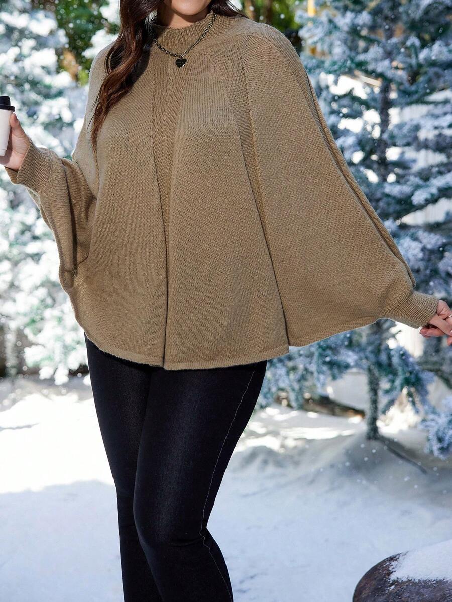 SHEIN Clasi 女士大碼純色圓領蝙蝠袖毛衣 - 駝色 - 查看 1