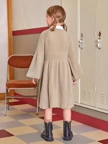 SHEIN 少女翻领灯笼袖毛衣连衣裙 - 卡其色 - 查看 2