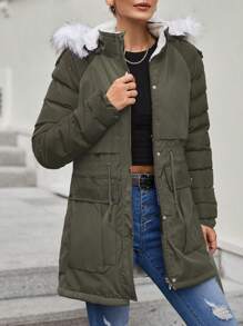 EURMUSE 腰部抽繩毛茸邊連帽派克大衣