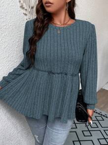 EMERY ROSE Kích thước lớn Của phụ nữ Sọc Hem Ruffle Áo thun - Màu xanh bụi bặm - Xem 3