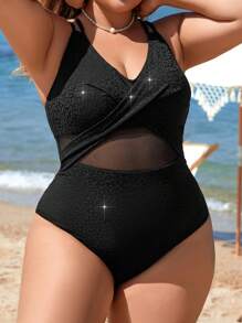 SHEIN Swim Curve 加大碼網紋拼接一件式泳衣 - 黑色 - 查看 3