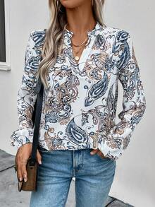 SHEIN LUNE Women's Peacock Feather Printed Notch Neck Lantern Sleeve Blouse - Multicolor - View 4