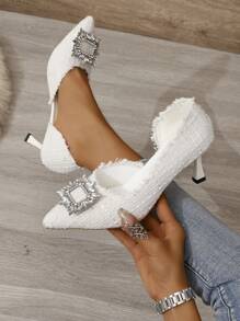 女性小香氣鑲鑽高跟鞋尖頭細跟法式優雅宴會純色高跟鞋 - 白色 - 查看 1