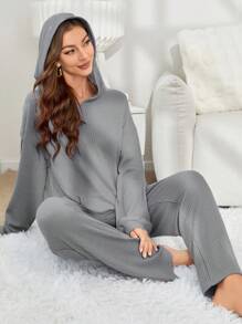 女用針織長袖連帽衫上衣長褲休閒運動服 - 灰色 - 查看 6