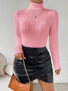 SHEIN Essnce 女士純色高領毛衣 - 粉色 - 查看 3