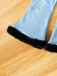 女婴熊印花半高领T恤搭配牛仔效果下摆喇叭裤两件套服装 - 黑色 - 查看 7