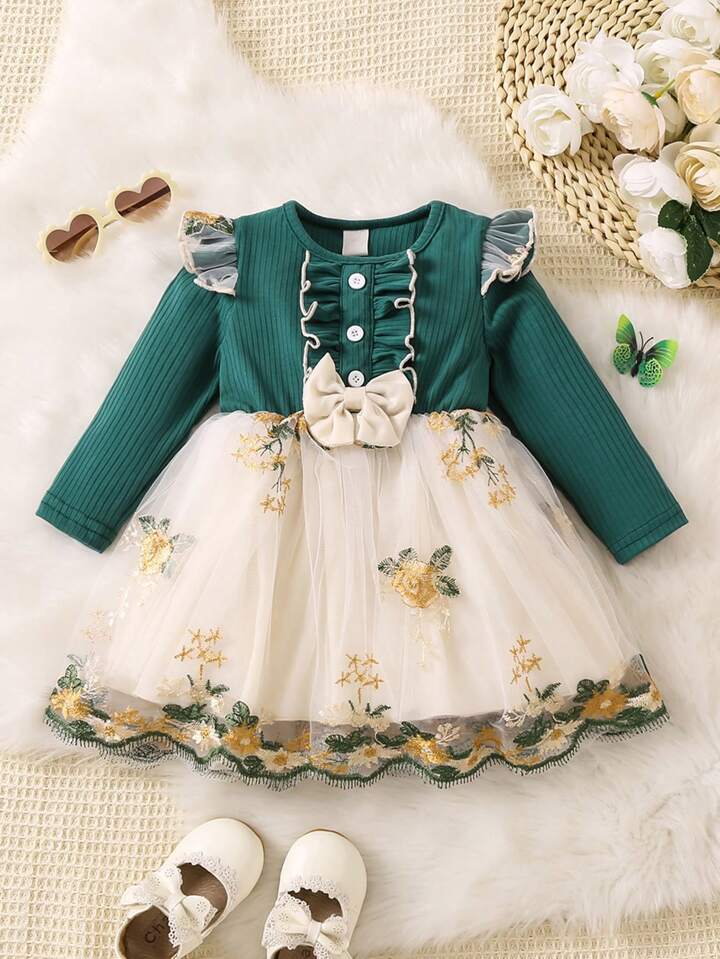 Infant Girls Mesh Splicing Floral Embroidered Dress SHEIN