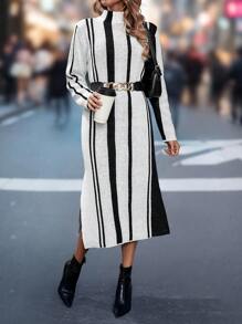 SHEIN Essnce Đứng cổ áo Sọc Khối màu Đầm Áo len - Đen và trắng - Xem 5