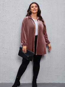 SHEIN LUNE Plus Size Fall Women Christmas Textured Fabric Mini Plaid Flannel Doll Style Shirt Top Loose Casual Shirt Tops With Sleeves Blouse, For Winter - Dusty Pink - View 3
