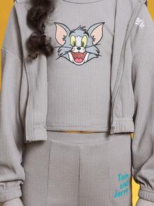 TOM & JERRY X SHEIN Tween Girls' Cartoon Pattern Hoodie & Vest & Pants Set - Grey - View 11