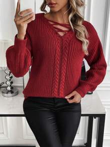 SHEIN LUNE 女士绞花针织套头毛衣，交叉领针织套头衫，秋冬毛衣 - 酒紅色 - 查看 1