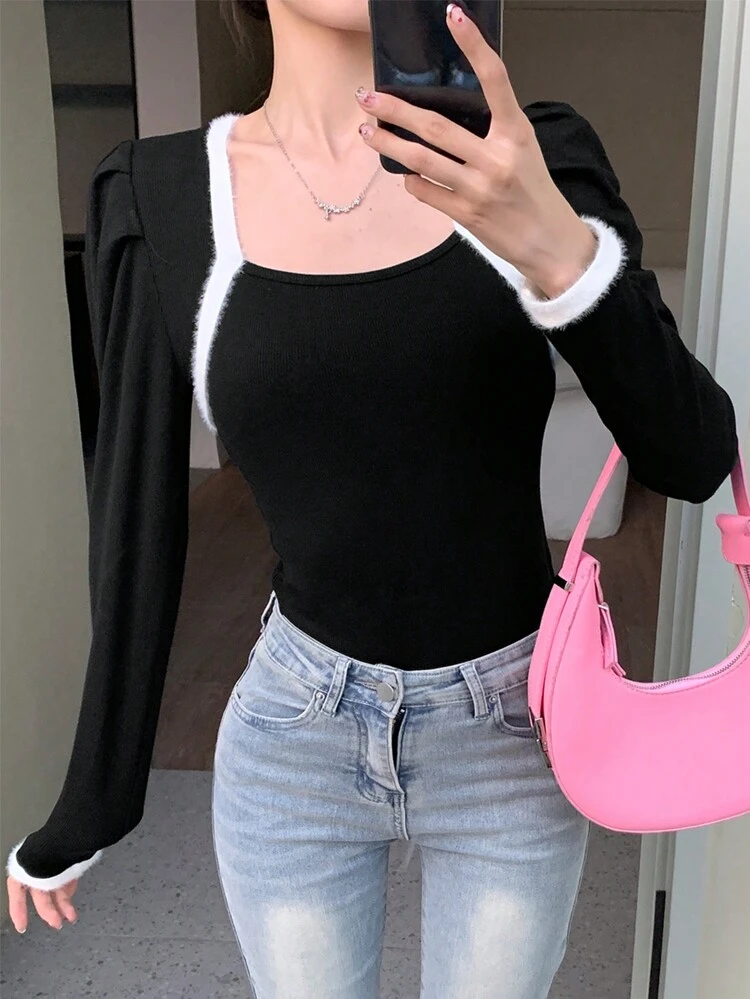 Women's Colorblock Puff Sleeve T-Shirt Long Sleeve Women Tops