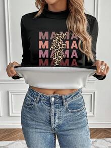 SHEIN LUNE Letter Graphic Mock Neck Thermal Lined Tee - Black - View 4