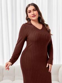 Modelyn 大尺寸劈開長袖連衣裙 - 咖啡棕 - 查看 3