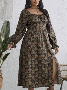 SHEIN VCAY Plus Size All Over Floral Print Sweetheart Collar Dress - Multicolor - View 1