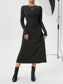 SHEIN Essnce Women's Solid Color Cross Wrap Dress - Grey - View 3