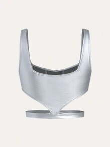 SHEIN ICON 切割設計鍍膜皮紋短款背心上衣 - 銀色 - 查看 7