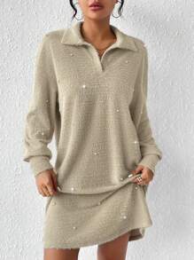 SHEIN LUNE Einfarbiges Kleid Mit Perlen Dekoration - Khaki - Übersicht 3