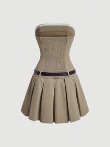 SHEIN MOD Ladies' Pleated Hem Strapless Dress - Khaki - View 2