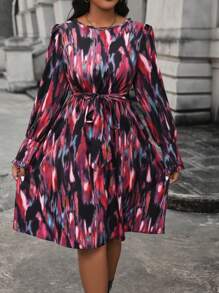 Celure 女款束腰帶燈籠袖印花洋裝 - 彩色 - 查看 3