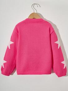SHEIN Young Girl Star Patch Round Neck Sweater Pullover - Hot Pink - View 2