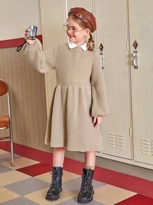 SHEIN 少女翻领灯笼袖毛衣连衣裙 - 卡其色 - 查看 5