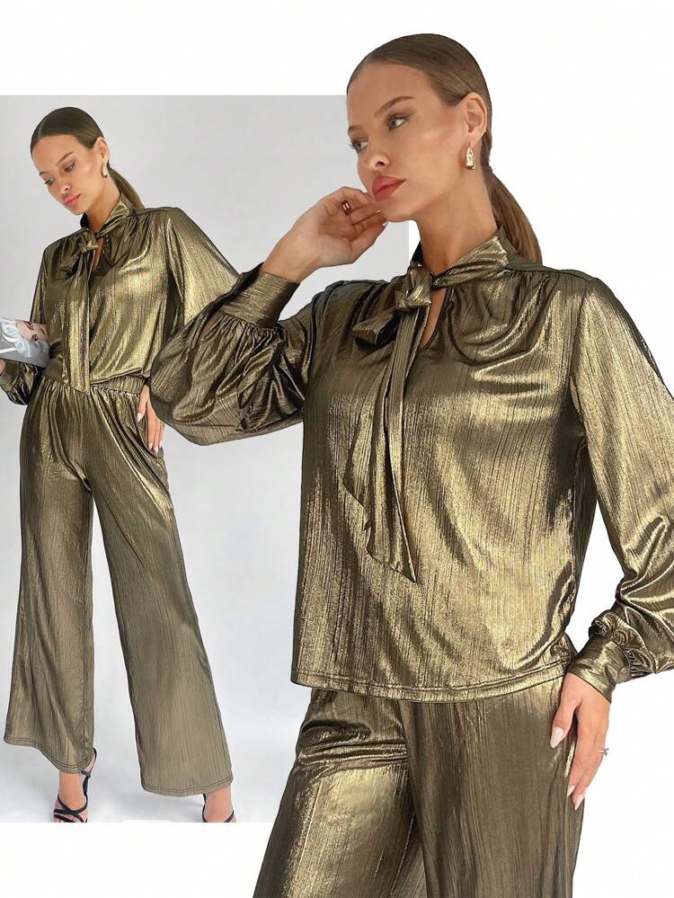 Women's Tie Neck Lantern Sleeve Shirt