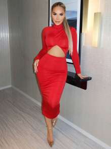 Zolique Red Hollow Out Lace Dress - Red - View 1