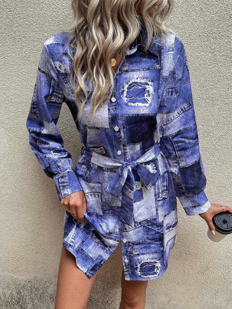 Patchwork Print Belted Shirt Dress Fall Cloth For Women