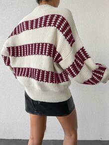 SHEIN Cottnline Women's Loose Striped Drop Shoulder Sweater - Pink - View 2
