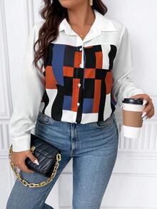 SHEIN LUNE Plus Size Women's Geometric Pattern Shirt - Multicolor - View 2