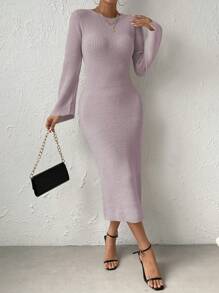 Chiquease Vestido Ajustado De Suéter Con Mangas Acampanadas - Morado - Ver 3