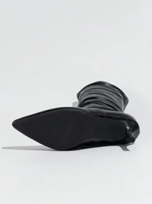 Women's Fashion Faux Leather And Suede Pointed Toe Pleated Knee-High Slip-On-In Black Boots, Autumn/Winter,Kitten Heel Boots,Party - Black - View 6