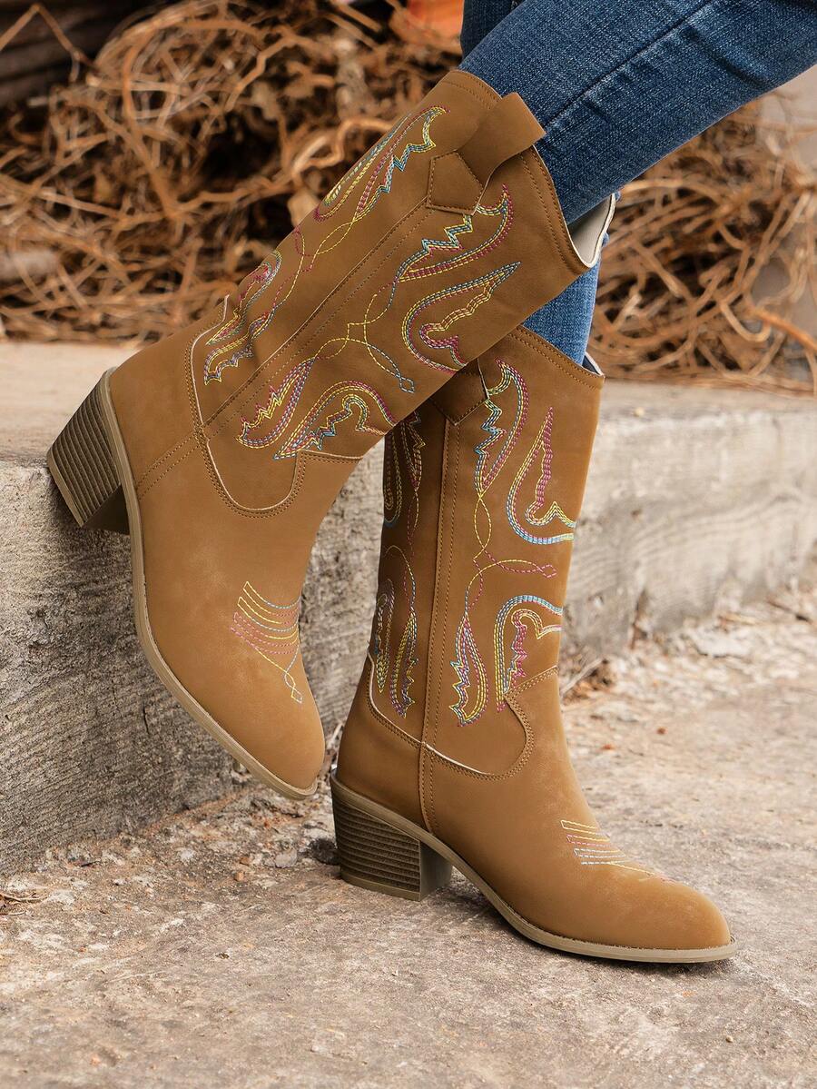 Styleloop 女款西部風格刺繡釦式靴,厚跟適用於戶外活動,咖啡色 - 棕色 - 查看 1