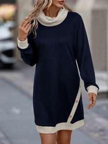 EMERY ROSE 女士色塊釦扣窗格運動連帽裙 - 藏蓝色 - 查看 4