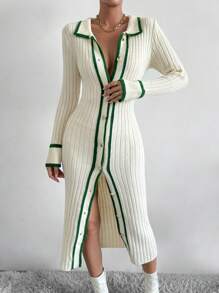 SHEIN Clasi Striped Trim Button Front Sweater Dress Fall Winter Cloth For Women - Multicolor - View 3