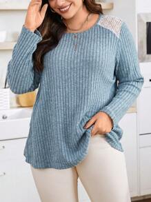 Calvaya Camiseta De Manga Corta Acanalada De Talla Grande Con Encaje Para Mujer - Azul - Ver 1